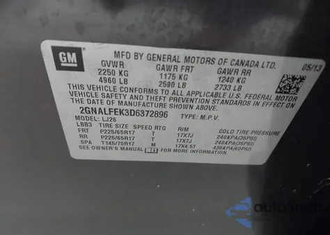 2013 Chevrolet Equinox Ltz from USA, damaged, VIN 2GNALFEK3D6372896
